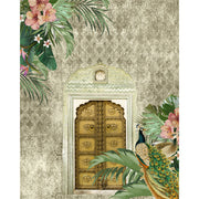 Peacock haveli door blind design in green, brown, pink and blue, full view